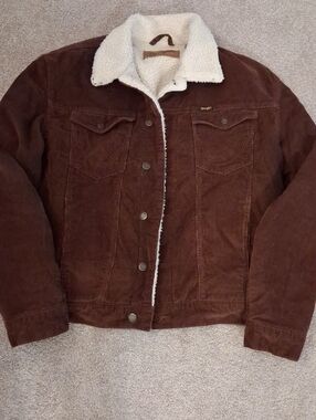 Men's Wrangler Rust-Brown Corduroy Bomber Jacket-Cream Sherpa Lined (L)
